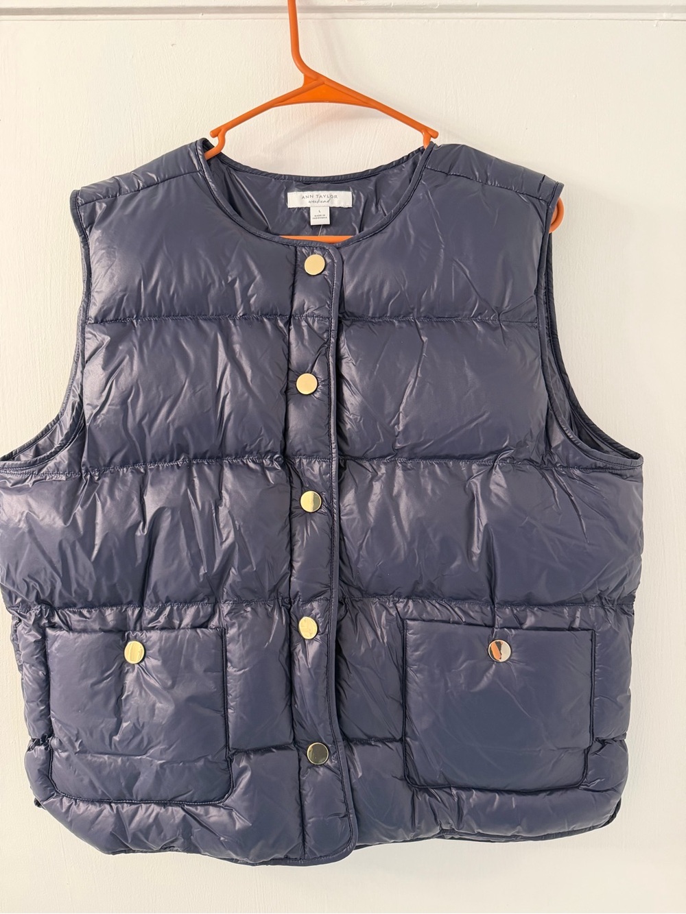 Ann Taylor Navy Quilted Puffer Vest with Gold Snaps